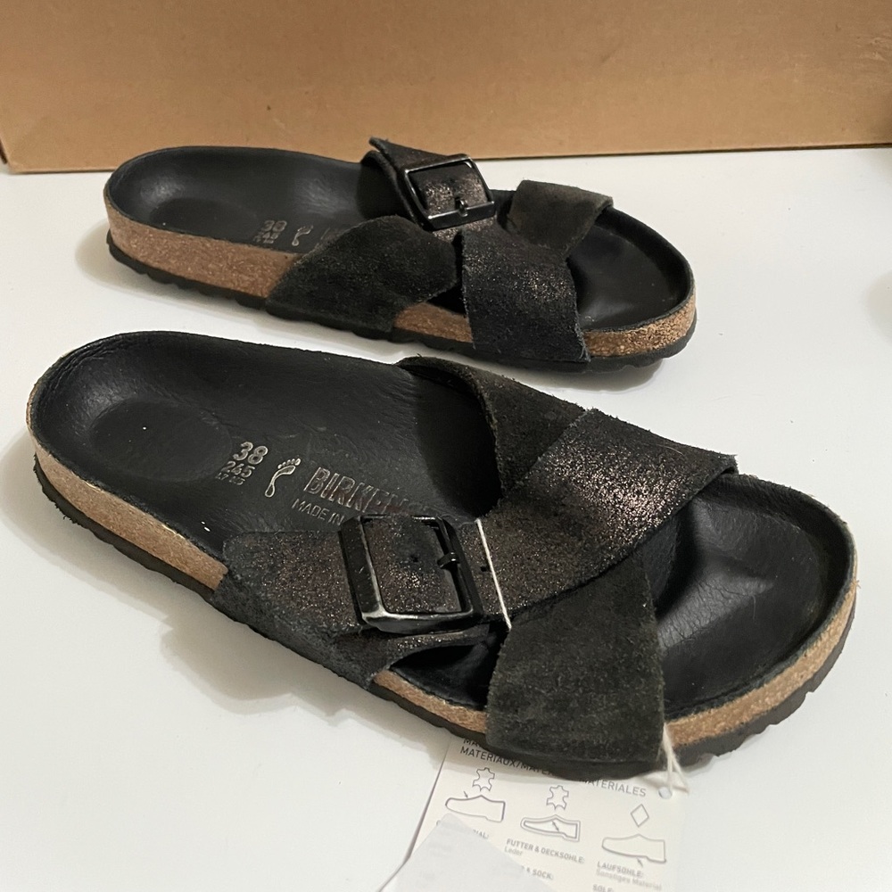 Birkenstock Siena Exquisite Suede Leather GoldBlack Sandal size 38 US L7 Germany